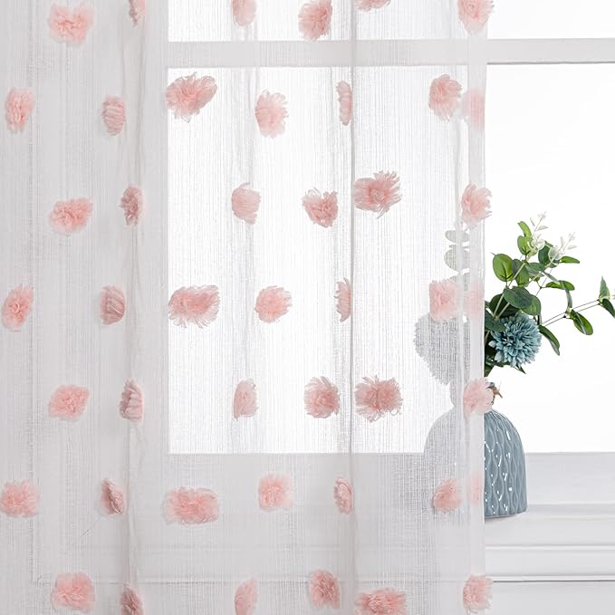 MYSKY HOME Pink Curtains 84 Inch Length for Bedroom Window Panels Pom Pom White Sheer Curtains 84 Inch Long for Living Room Nursery Girls Kids Room Rod Pocket Playroom Dining Room Set of 2 37 x 84 in