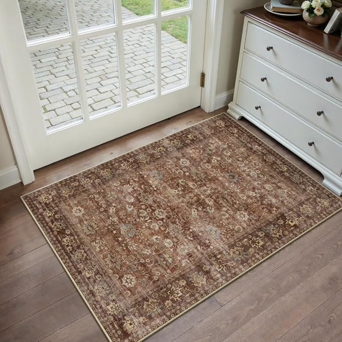 2x3 Brick Red Vintage Floral Washable Area Rug - Image 3