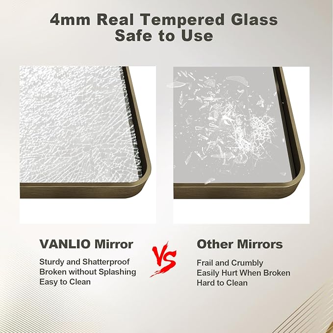 55x36 Bronze Framed Bathroom Mirror, Rectangle Brushed Bronze Metal Vanity Mirror, Large Modern Mirror for Wall, Rounded Corner, Tempered Glass, Anti-Rust, Shatterproof (Horizontal/Vertical)