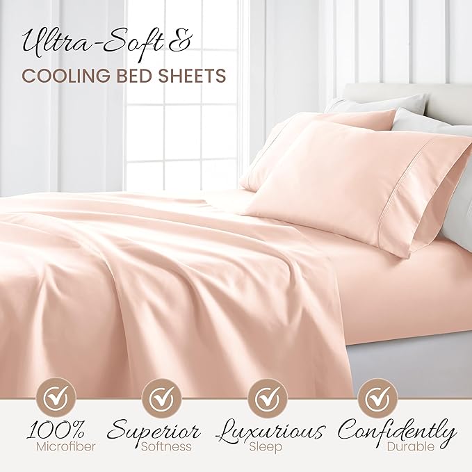 Linen Market Double-Brushed Microfiber King Sheet Set 4 Piece – Oeko-TEX Certified Ultra Soft & Wrinkle-Free - 16" Deep Pocket Sheets - Easy Care King Size - Blush