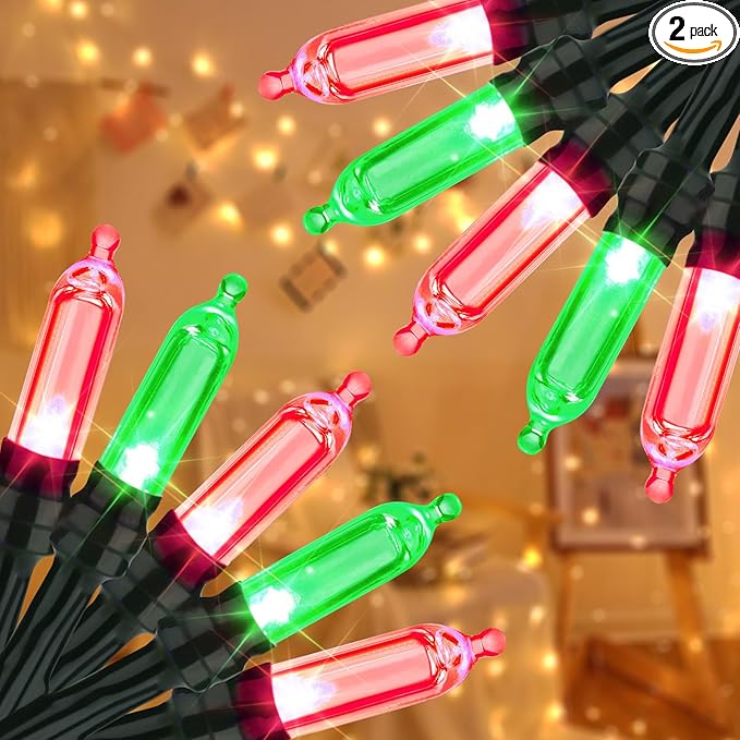 LYHOPE Battery Christmas Lights, 2Pack Total 66ft 200 LED Christmas Lights Waterproof 8 Modes Battery Operated String Light for Outdoor & Indoor, Xmas Tree, Wreaths, Holiday Decoration (Red & Green)