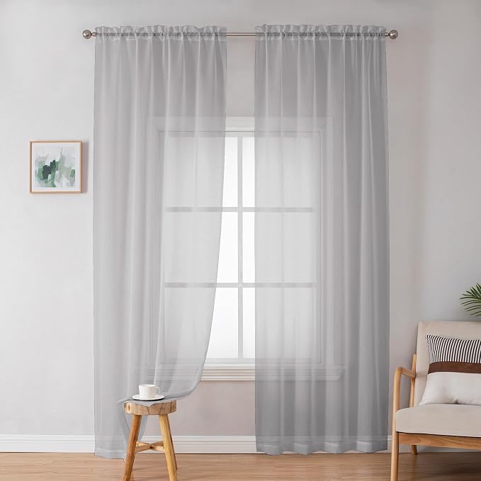 Light Grey Sheer Curtains 84 inches Long 2 Panels Set - Image 3