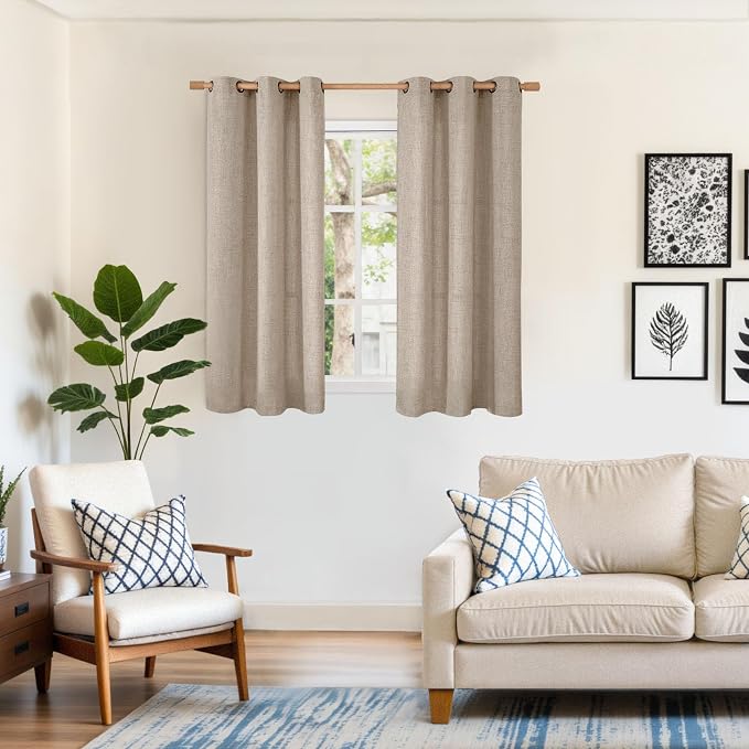 YoungsTex 48 Inch Length Linen Curtains, Burlap Tan Short Window Drapes | - Image 2