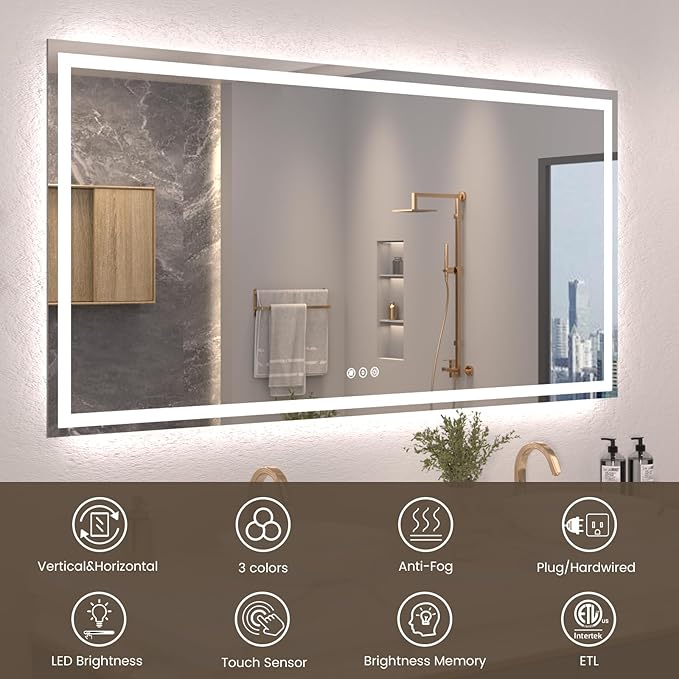 72"X40" LED Bathroom Mirror with Front Lights and Backlit, Anti-Fog, Dimmable, Shatter-Proof Tempered Glass, Lighted Bathroom Vanity Mirror for Wall with 3 Colors, Memory Function