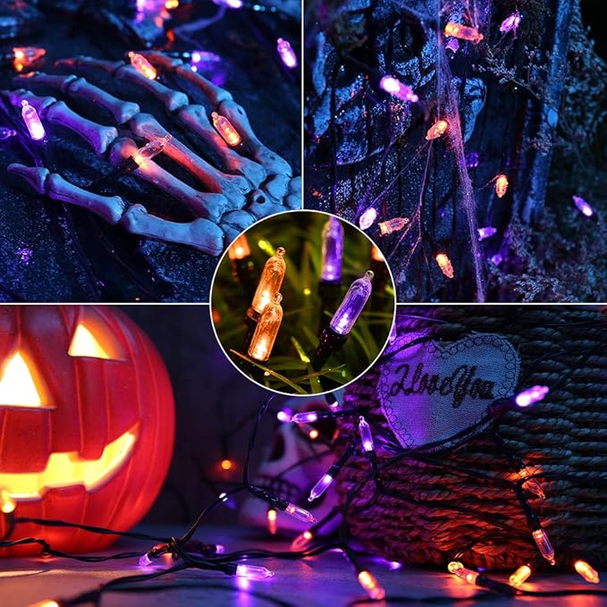 LYHOPE Orange Purple Halloween Lights Indoor, 33ft 100 LED Battery Halloween Light with 8 Mode, Timer, Waterproof Battery Operated String Lights for Home Tree Wreaths Party Yard Outdoor Holiday Decor