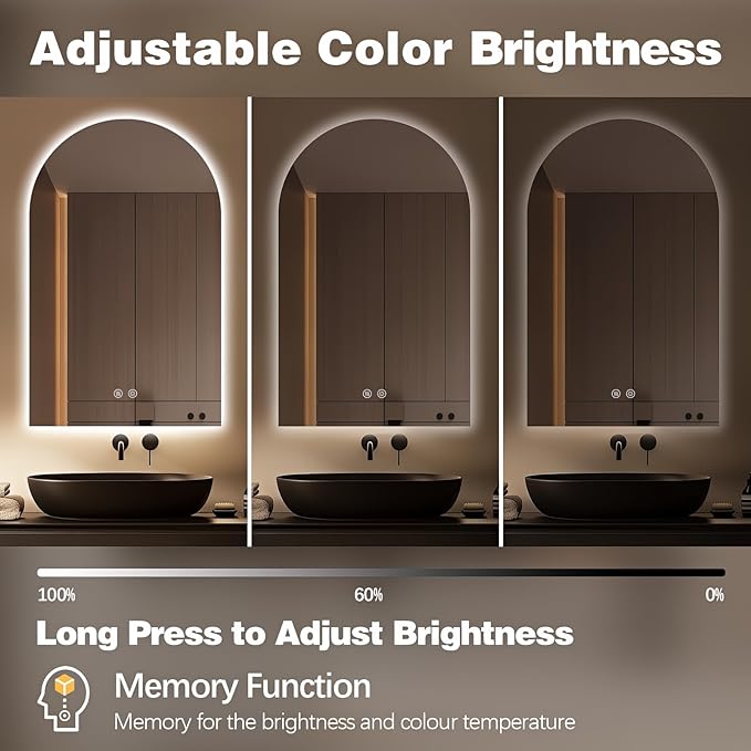 Niccy Arched LED Bathroom Mirror, 36x24 Inch Arch Frameless Backlit Mirrors for Wall Arched Lighted Vanity Mirrors Defogger and 3 Color, Explosion-Proof, HD Glass and IP65 Waterproof