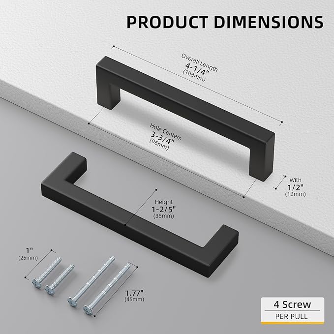 goldenwarm 100 Pack 3-3/4 Inch Black Cabinet Handles Matte Black Drawer Pulls Stainless Steel Cabinets Hardware Square Bar Modern for Kitchen Bathroom Cupboard