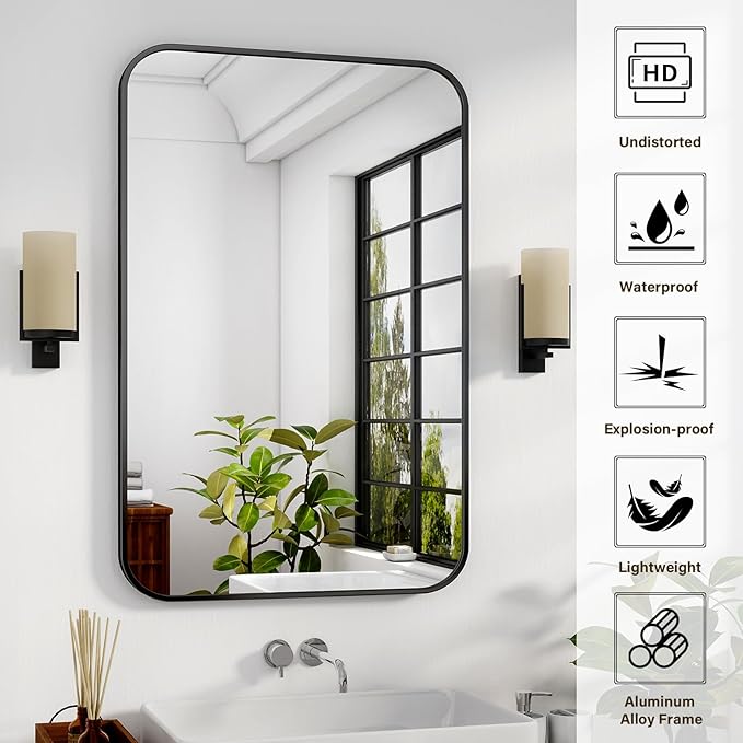 HARRITPURE Rectangular Bathroom Mirror 40''x30'' Black Bathroom Wall Mirror Aluminum Frame Wall-Mounted Mirrors for Entryway Bedroom Living Room