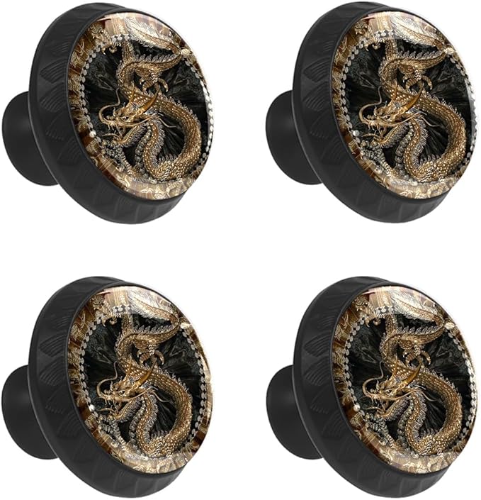 4 Pack Cabinet Knobs Taditional Golden Dragon Drawer Pulls Crystal Glass Round Knobs Handles for Dressers Drawer Bathroom Kitchen Cupboards Wardrobes Hardware Furniture Knobs