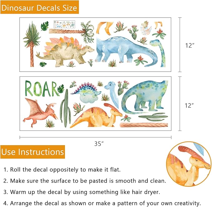 Yovkky Watercolor Dinosaur Nursery Wall Decals, Large Peel and Stick Dino Tropical Plant Stickers Cactus Palm Leaf Decor, Home Kitchen Decorations Boy Girl Kid Baby Toddler Bedroom Playroom Art Gift