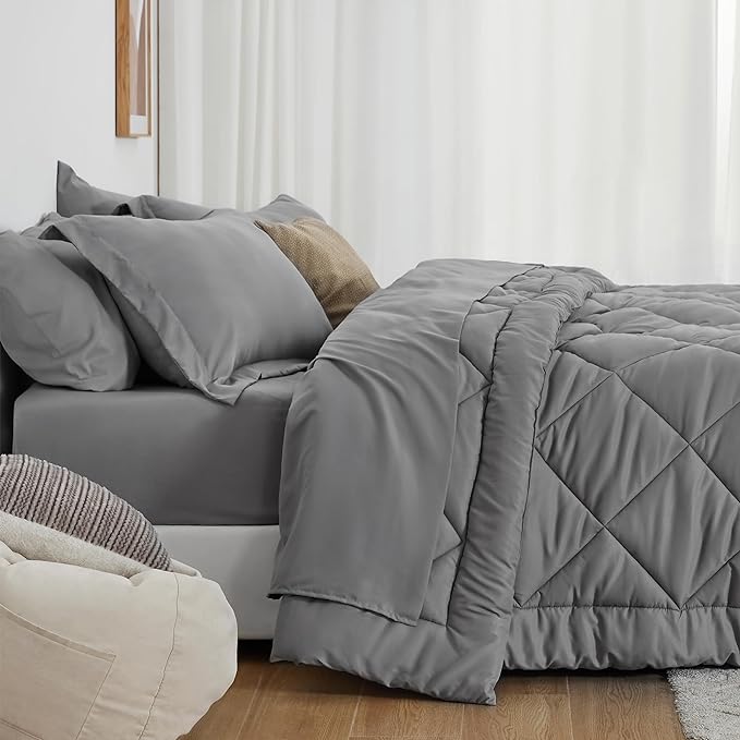 Love's cabin Twin XL Comforter Set Grey, 5 Pieces Twin XL Bed in a Bag, All Season Bedding Sets with 1 Comforter, 1 Flat Sheet, 1 Fitted Sheet, 1 Pillowcase and 1 Pillow Sham