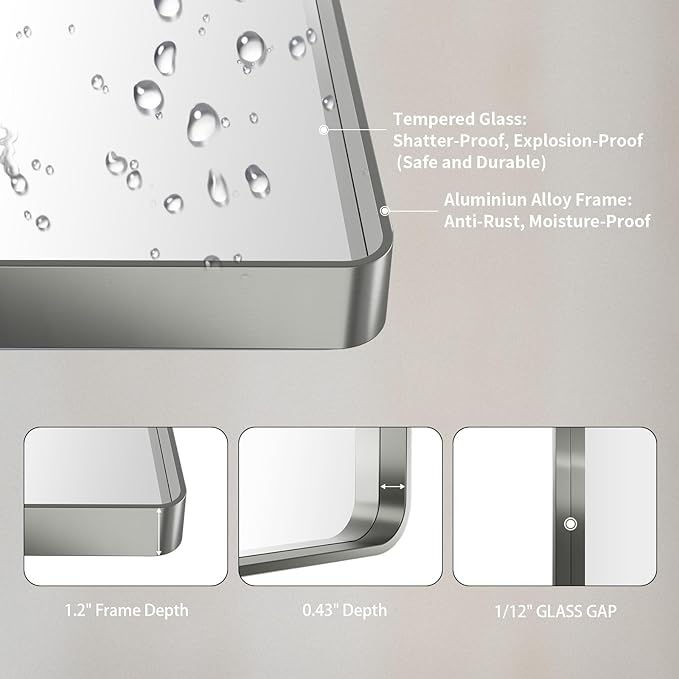 LOAAO 32X36 Inch Brushed Nickel Bathroom Mirror, Rounded Rectangle Silver Metal Frame Mirror, Brushed Nickel, Anti-Rust, Hangs Horizontally or Vertically