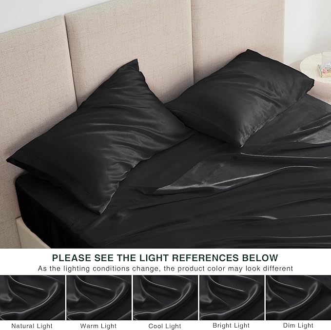Love's cabin Full Size Satin Sheet Sets - 4 Piece Black Silky Sheet Set with Deep Pocket, Luxury Silk Feel Bed Sheets Full Bedding Set (1 Flat Sheet,1 Fitted Sheet,2 Pillow Cases)