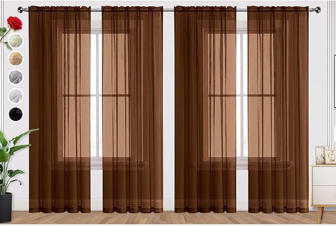 SpaceDresser Brown Sheer Curtains 4 Panels Rod Pocket Semi-Sheer Curtain 63 by SpaceDresser