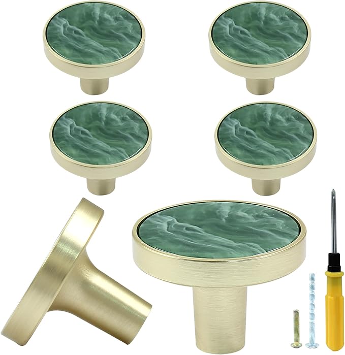6 Pcs Gold Knobs for Dresser Drawers, Round Dresser Cabinet Knobs Pulls for Kitchen Cabinet Cupboard Door Furniture Decorative, Green