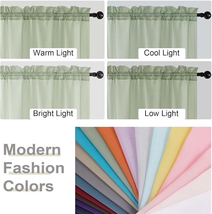 Light Green Kitchen Curtains 30 Inch Length Tier 2 PCS, Solid Soft Airy Half - Image 5