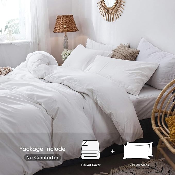 MooMee Bedding Duvet Cover Set 100% Washed Cotton Linen Like Textured Breathable Durable Soft Comfy (Solid Off White, Oversized Queen 98"x98")