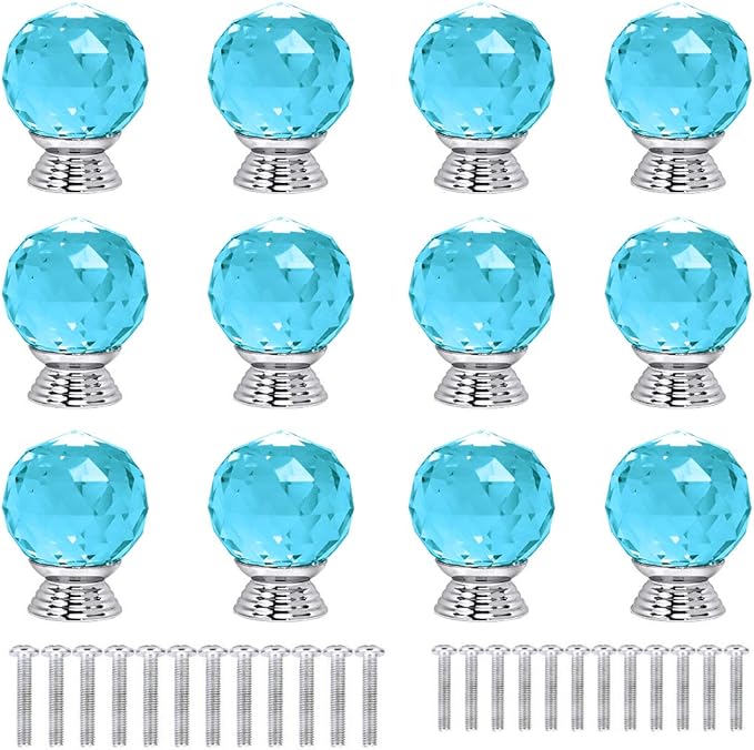 12 Pcs 30mm Round Shape Crystal Glass Cabinet Knobs with Screws Drawer Knob Pull Handle Used for Kitchen, Dresser, Door, Cupboard(Azure)