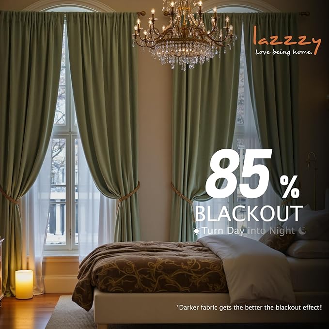 Lazzzy Velvet Blackout Curtains Thermal Insulated Room Window Drapes Super Soft Luxury Curtains for Living Room Bedroom Rod Pocket 2 Panels, Olive Sage, 62" W x 96" L