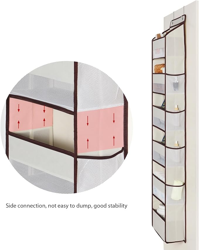 Univivi 6 Tier Over The Door Organizer With 8 Mesh Side Pockets, Bathroom Organizers and Storage Over The Door Organizer For Nursery Baby Essentials (Beige)
