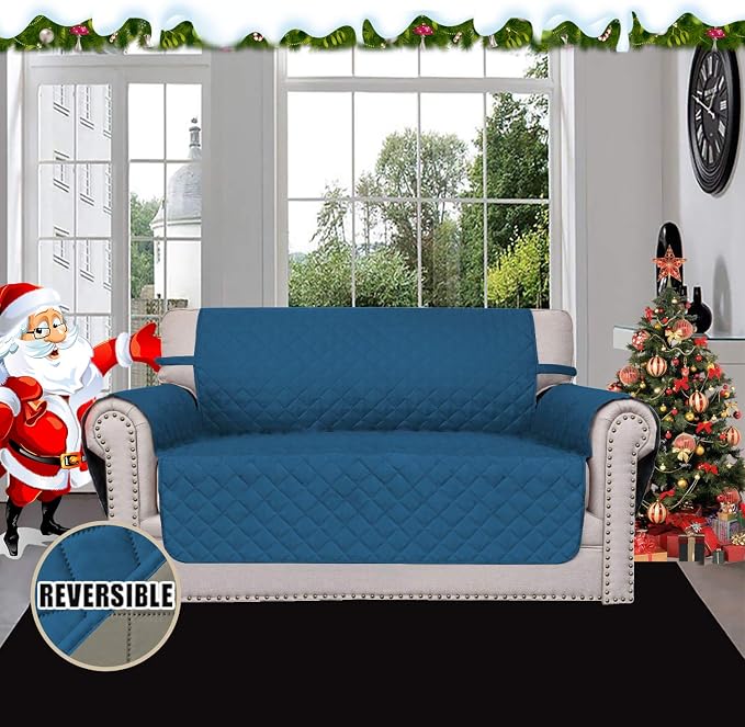 Easy-Going Reversible Couch Cover, 2 Cushion Sofa, Peacockblue/Beige | Loveseat - Image 2