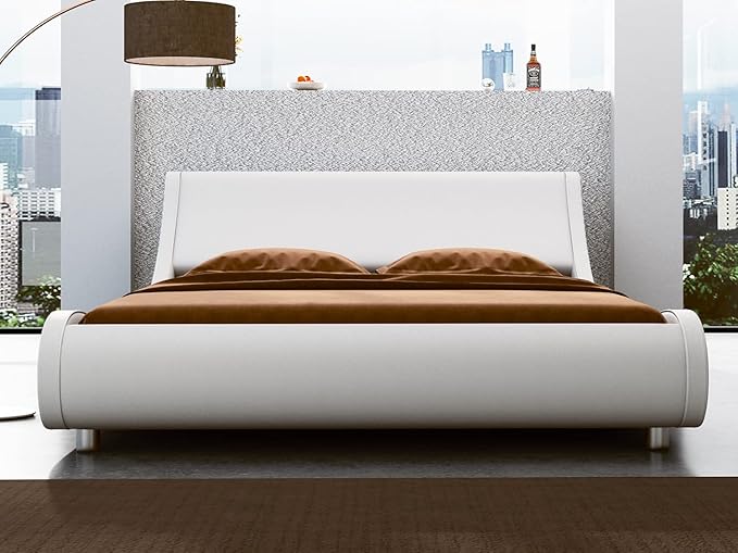SHA CERLIN King Size Platform Bed Frame - Stylish Low Profile Design, Ergonomic Faux Leather Headboard, No Box Spring Needed, Modern Sleigh Bed, White