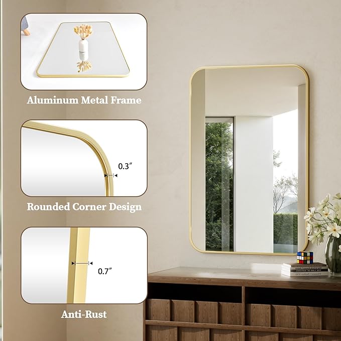 BEAUTYPEAK Gold Rectangular Bathroom Mirror - 30" x 40" Wall Mounted Aluminum Alloy Frame Mirror with Rounded Corners for Bedroom Living Room, Horizontal or Vertical