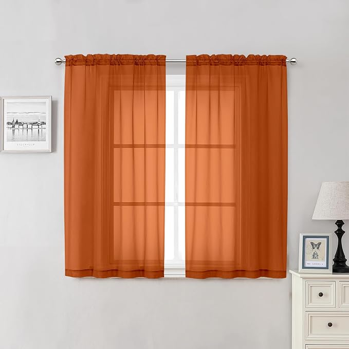 Orange Sheer Curtains 54 Inch Length 2 Panels, Voile Light Filtering Curtains by Lecloud