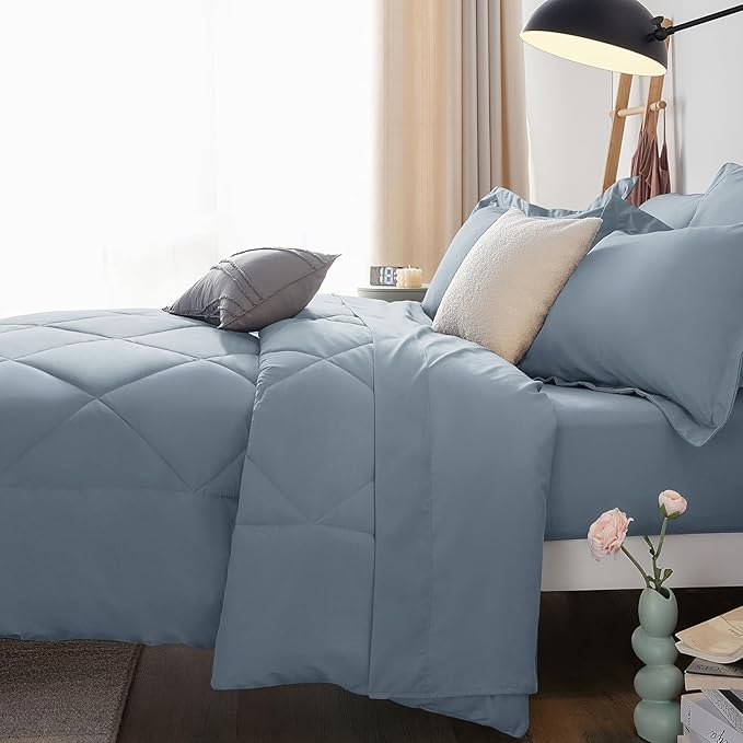CozyLux Full Size Comforter Sets Dusty Blue - 7 Pieces Bed in a Bag Full, Luxury Soft Bed Set for All Seasons, Bedding Set with Down Alternative Comforter, Sheets, Pillowcases & Shams, Grayish Blue