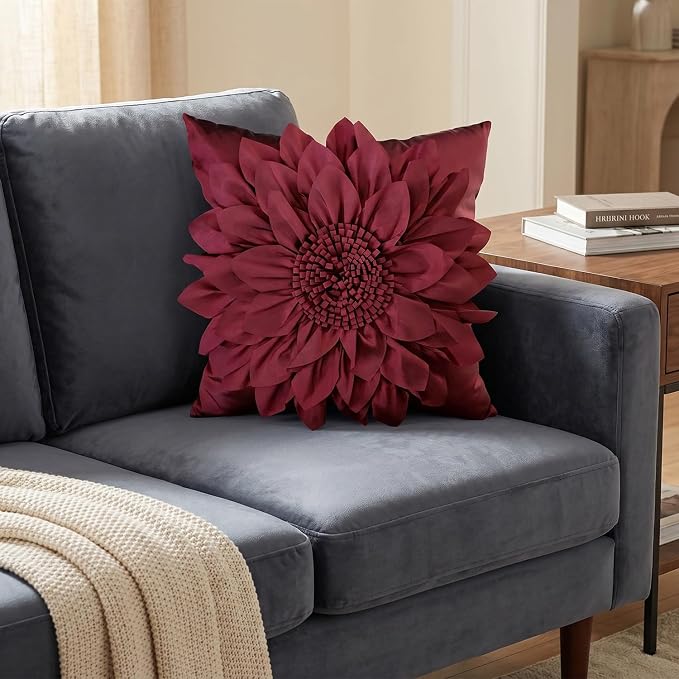 Burgundy Accent 3D Flower Decorative Throw Pillow Covers - Image 7