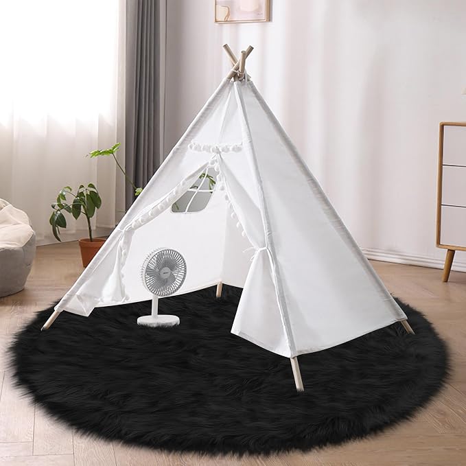 Faux Fur Black Round Rug 4ft for Bedroom, Plush Shaggy Circular Rug for Nursery - Image 6