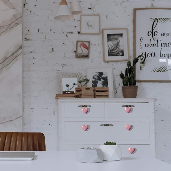 Ceramic Drawer Knobs Heart Shape Cabinet Dresser Pulls Handles with 3 Sized Screws, Kitchen Furniture Knobs for Closet Cupboard Wardrobe (10 Pack, Pink)