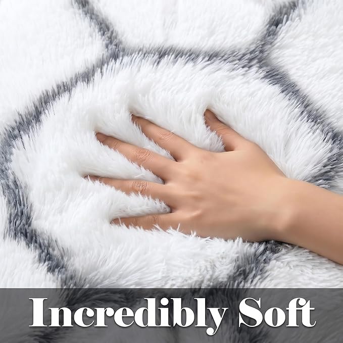 8x10 Area Rugs for Living Room, Fluffy White and Grey Geometric Bedroom Rug | - Image 2