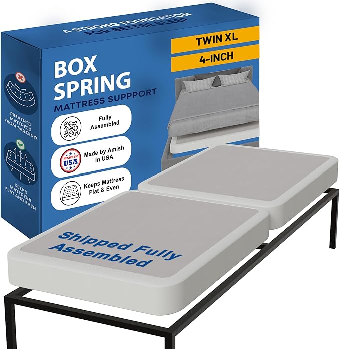 Greaton, Box Spring Bed Base Twin XL Size, 4-Inch Wood Amish Made in USA – Quiet Noise Free, 2-Pieces Under Mattress-Support BoxSpring, Fully Assembled, White, 4" Foundation