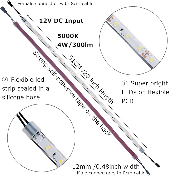 Litever Under Cabinet Light, 6 PCS 20 Inches Flexible LED Strips with Power Adapter, 24W,1800 Lumen, Daylight 5000K. Suitable for Kitchen Cabinets, Counters, Under Shelf, Closets (6-Strip-5000K)