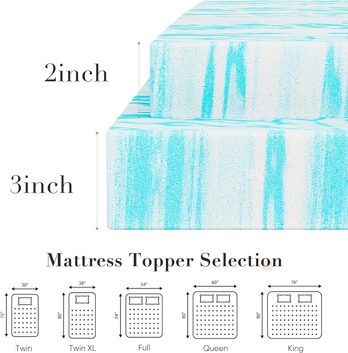 DUMOS Memory Foam Mattress Topper Queen, 3 Inch Thick Gel Infused Bed Toppers for Queen Size Bed, Soft Mattress Pads Breathable for Sleeper Sofa, RV, Camper, CertiPUR-US Certified, Blue