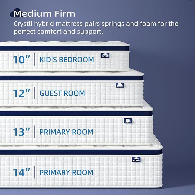 Crystli Queen Mattress 13 Inch Hybrid Mattress Bed in a Box, Medium Firm Support, Pressure & Pain Relief for All Sleepers, CertiPUR-US Certified, Reinforced Edge Support, Motion Isolation