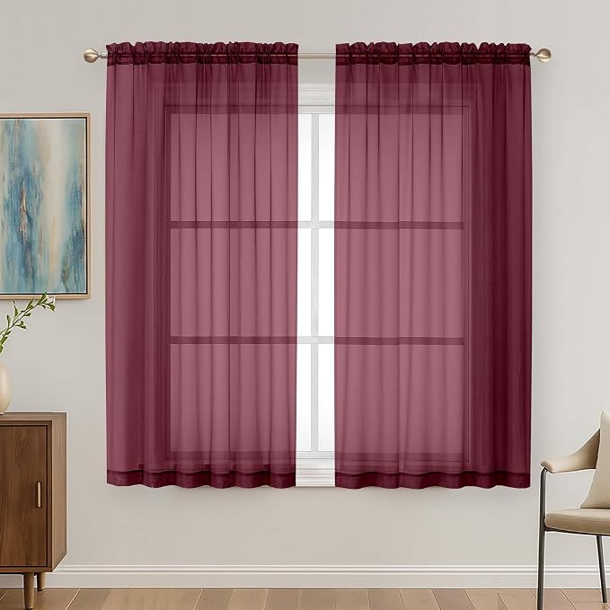 Burgundy Sheer Curtains 63 Inches Long 2 Panels Set, Light Filtering Sheer by OVZME
