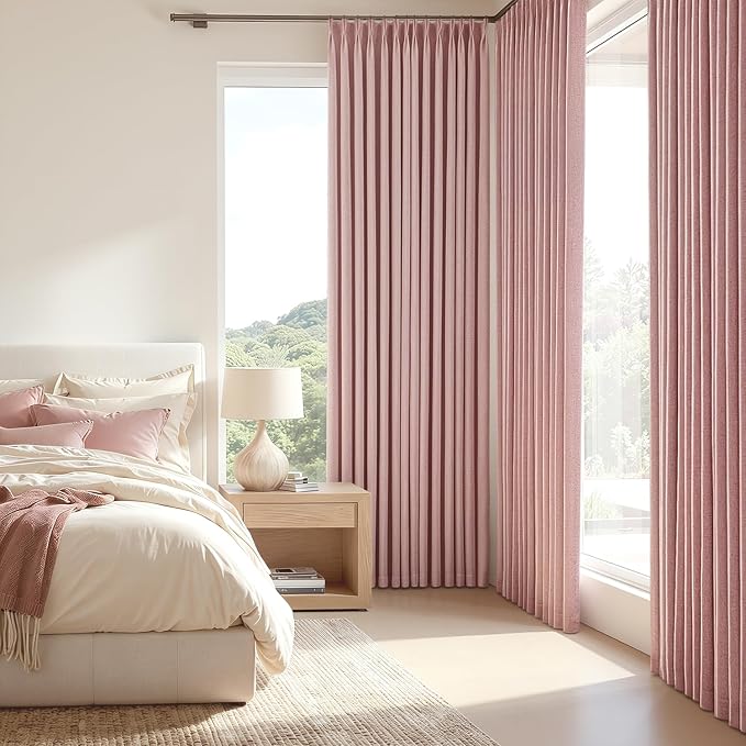 MIULEE Pink Pinch Pleated 100% Blackout Linen Curtains 40x63 Inches | Room - Image 2