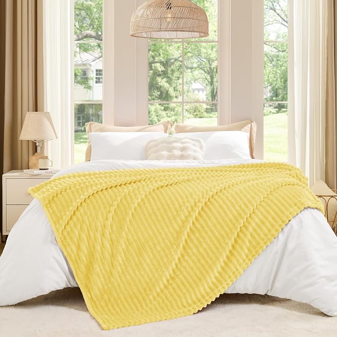 BEDELITE 3D Ribbed Light Yellow Fleece Twin Blanket - Image 6