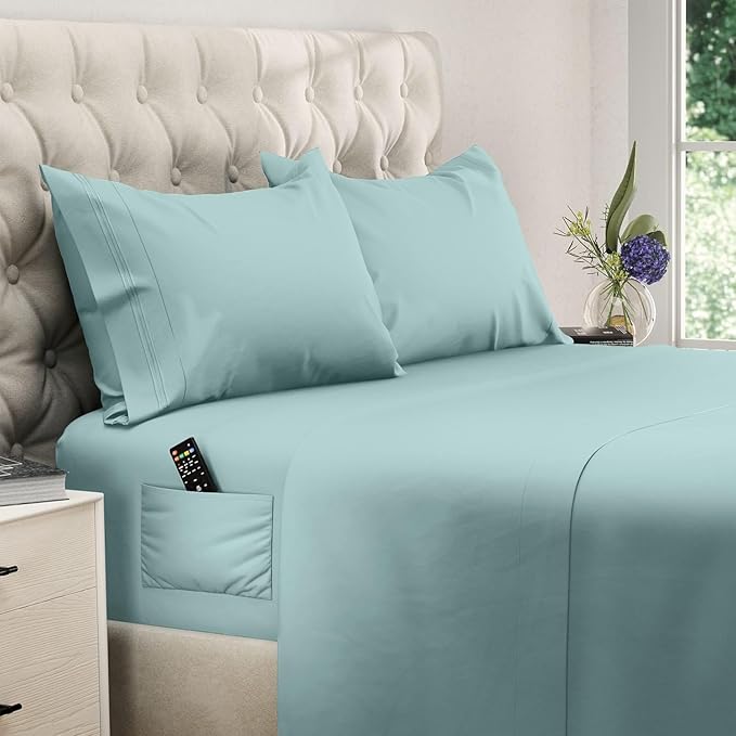 DREAMCARE King Size Sheets Set - Cooling Bed Sheets - 4pcs Set - up to 15" Deep Pocket King Sheet Set – Soft & Long Lasting Cooling - 100% Fine Brushed Microfiber with Side Pocket - Spa Blue