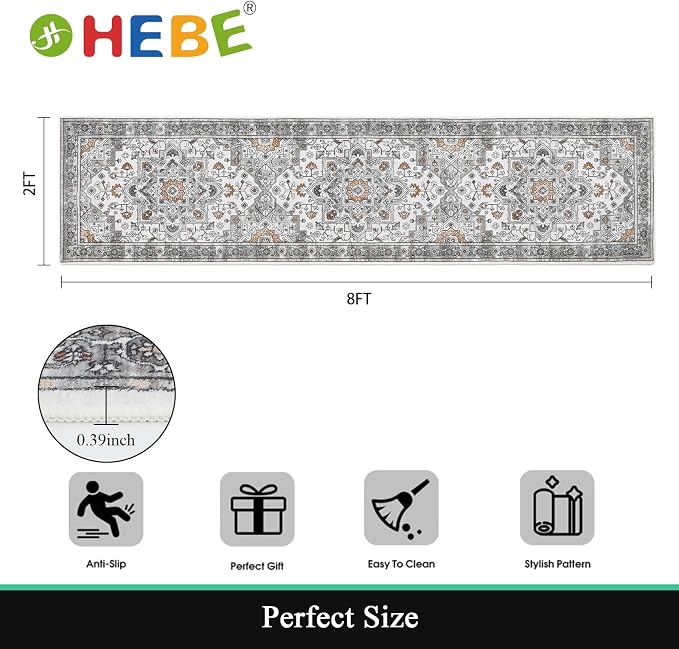 HEBE Hallway Runner Rug 2'x8', Washable Non Slip Kitchen Rug Runner | Soft Boho - Image 2