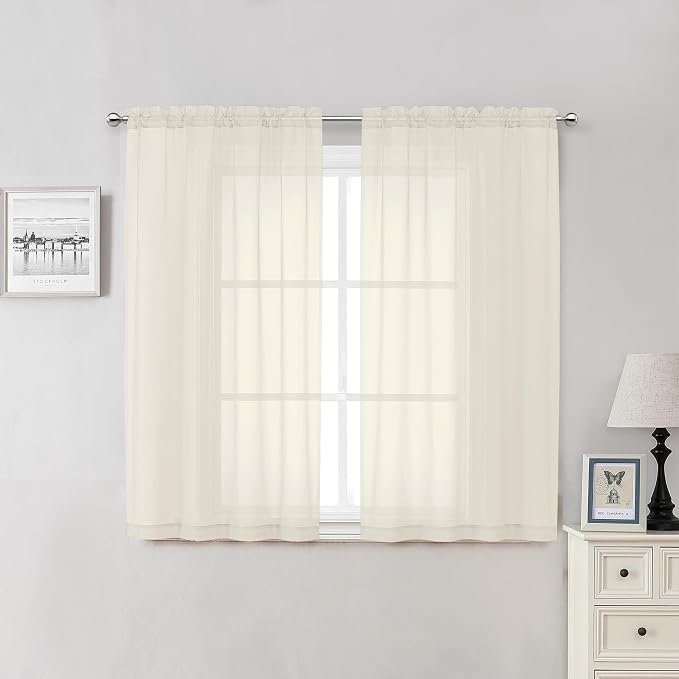 Cream Sheer Curtains 54 Inch Length 2 Panels, Voile Airy Curtains by Lecloud