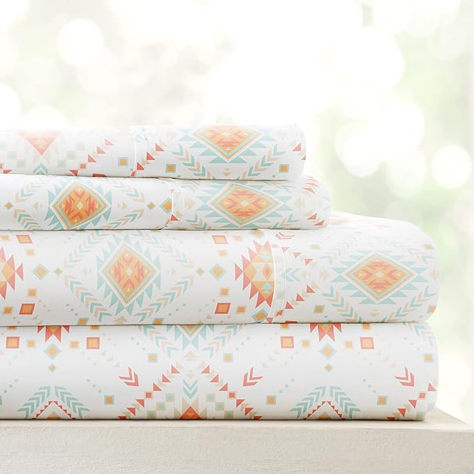 Linen Market Double-Brushed Patterned Microfiber California King Sheet Set 4 Piece – Oeko-TEX Certified Ultra Soft & Wrinkle-Free - 16" Deep Pocket Sheets Easy Care Cal-King Size - Aztec Dreams Coral