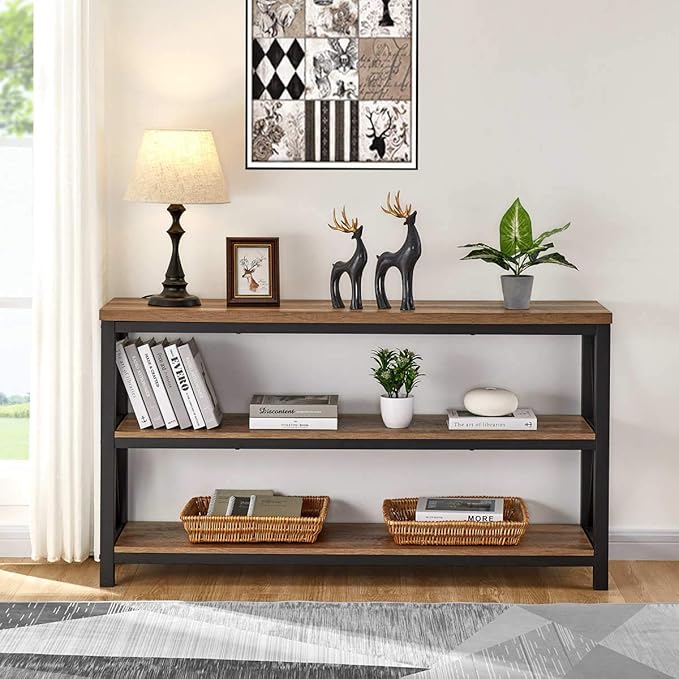 FATORRI Console Table for Entryway, Wood Sofa Table, Rustic Hallway Tables with 3-Tier Shelves for Living Room, Foyer (55 Inch, Rustic Oak)