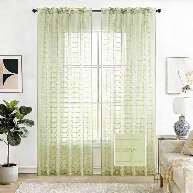 SpaceDresser Check Sheer Curtains 108 Inches 2 Panels Set, Rod Pocket Plaid by SpaceDresser