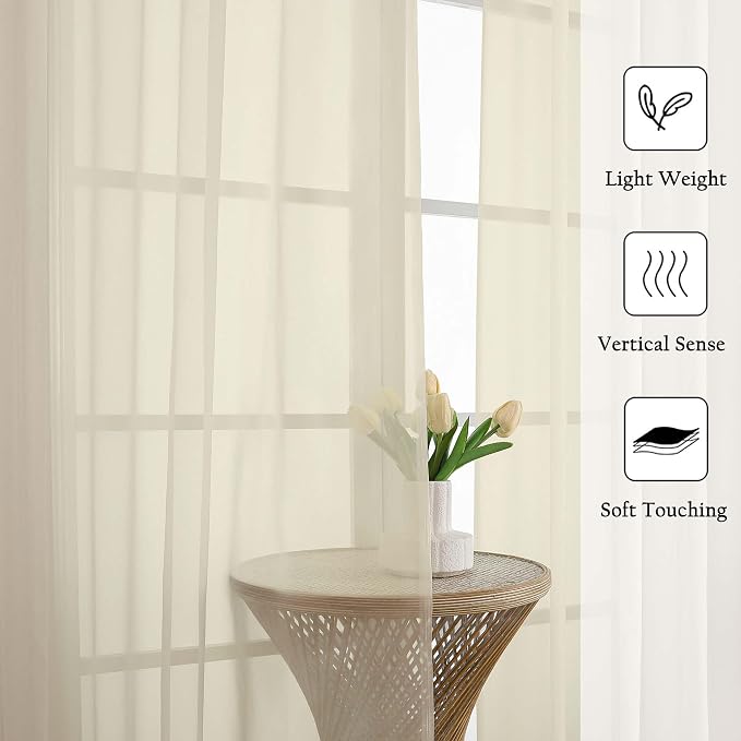 Cream Sheer Curtains 63 Inch Length 2 Panels, Rod Pocket Light Filtering - Image 5