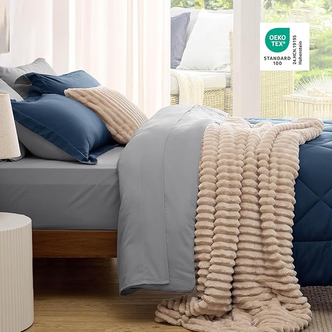 Bedsure King Size Comforter Set - 7 Pieces Reversible Navy Bedding, King Size Bed Set for All Seasons, Bed in a Bag with Down Alternative Comforter, Sheets, Pillowcases & Shams