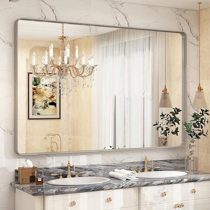 60x40 Inch Brushed Nickel Bathroom Mirror, Silver Bathroom Mirrors for Vanity, Rectangle Silver Metal Frame Bathroom Mirror for Wall, Shatterproof, Hangs Horizontally or Vertically