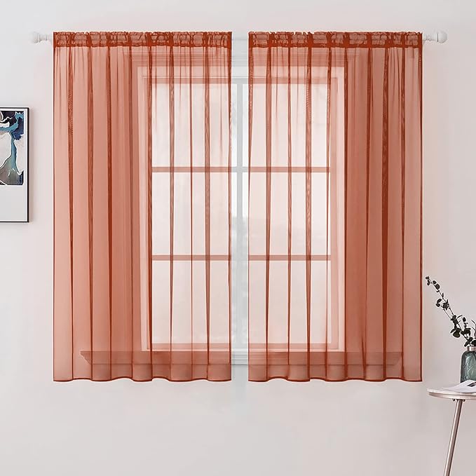 MIULEE Fall Burnt Orange Sheer Curtains 54 X 54 Inches, 2 Panels | Solid Color by MIULEE